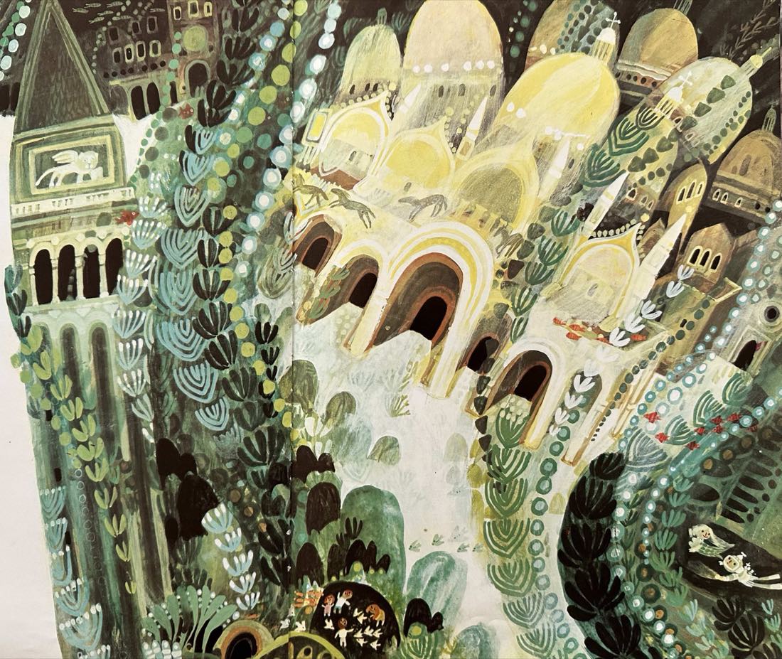 The drowned basilica of St Mark's — domes, arches and the winged-lion campanile, all threaded with seaweed