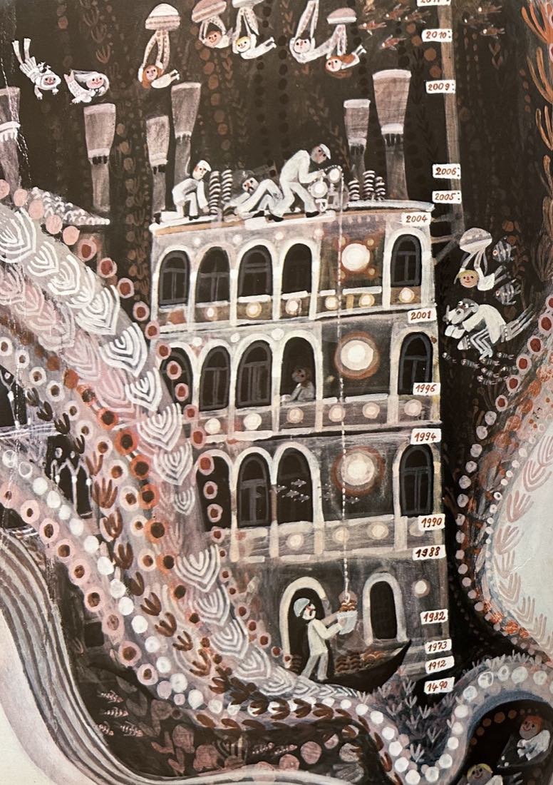A tall Venetian palace with years marked up one side like a ruler — 1490 near the water, 2011 near the roof, where workers mend the tiles