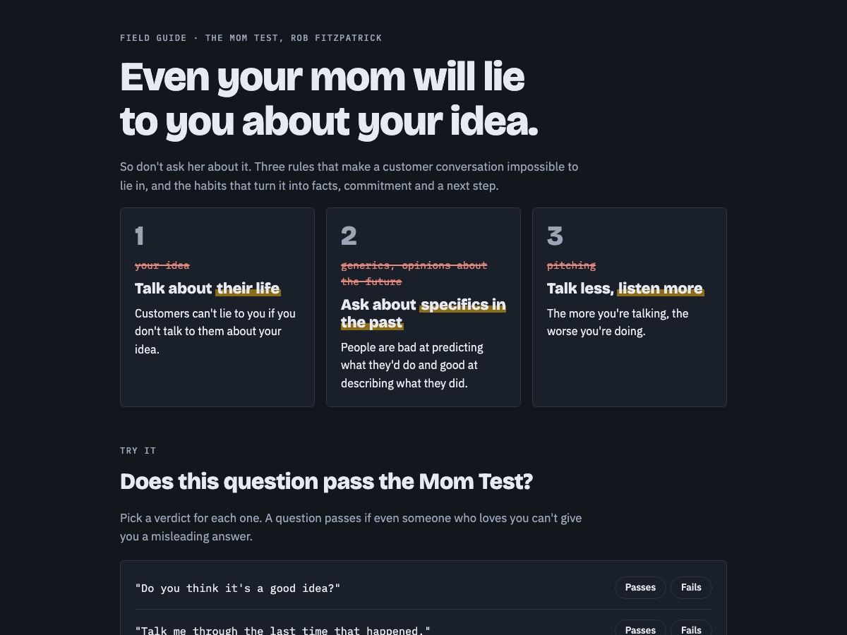 The Mom Test field guide: the three rules and a quiz on which questions pass the test